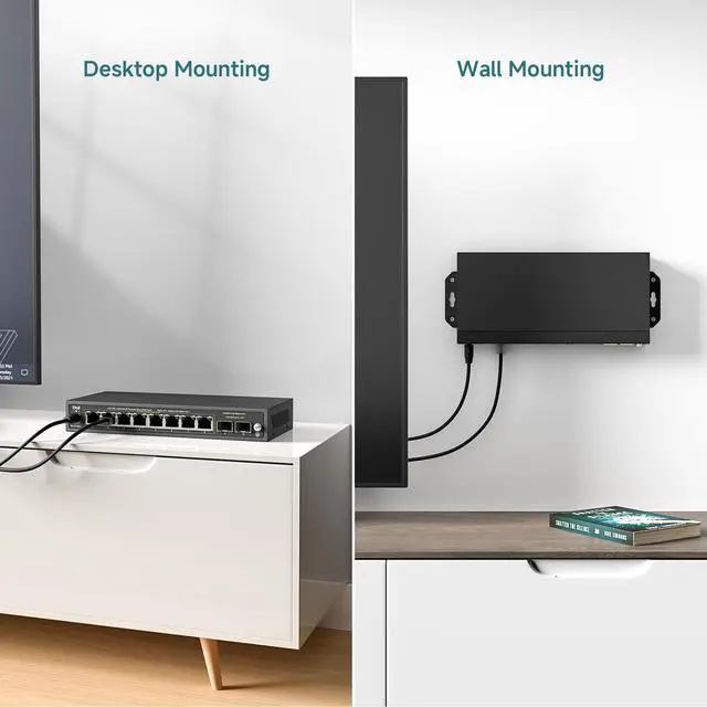 Alt view image 14 of 14 - 10-Port Gigabit Network Switch with 8 PoE+ Ports @125W with 2 Combo SFP Slots, Unmanaged PoE Switch, 802.3af/at Compliant, Desktop/Wall-Mount, Plug & Play, VLAN Mode, Metal Case Fanless (WS2082A)