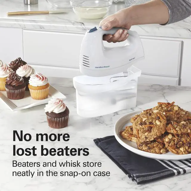 Alt view image 9 of 14 - 6-Speed Electric Hand Mixer with Whisk, Traditional Beaters, Snap-On Storage Case, 250 Watts, White
