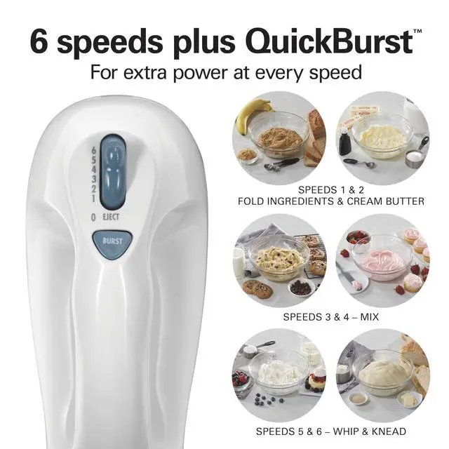 Alt view image 10 of 14 - 6-Speed Electric Hand Mixer with Whisk, Traditional Beaters, Snap-On Storage Case, 250 Watts, White