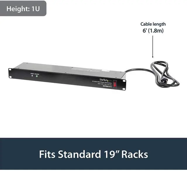 Alt view image 9 of 14 - 8 Outlet Horizontal 1U Rack Mount PDU Power Strip for Network Server Racks - Surge Protection - 120V/15A - w/ 6ft Power Cord (RKPW081915)