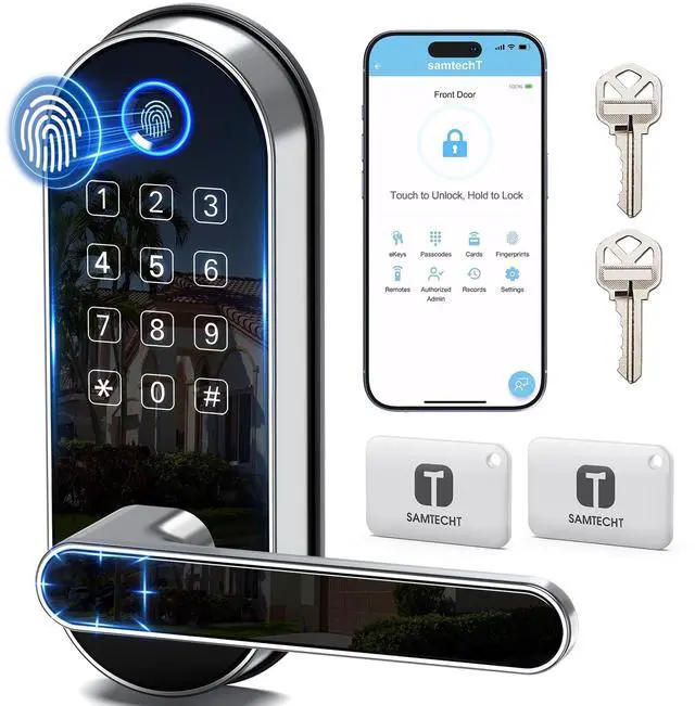 Alt view image 8 of 14 - Bluetooth Fingerprint Smart Lock with Handle & Keypad Fits Most US Doors, DIY Install, Keyless Entry: Code, FOB, Auto-Lock. Ideal for Home, Airbnb, Rental, Kids, Seniors. Alexa & Google Compatible