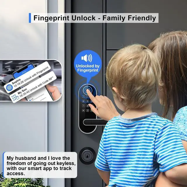 Alt view image 9 of 14 - Bluetooth Fingerprint Smart Lock with Handle & Keypad Fits Most US Doors, DIY Install, Keyless Entry: Code, FOB, Auto-Lock. Ideal for Home, Airbnb, Rental, Kids, Seniors. Alexa & Google Compatible