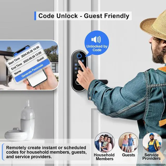 Alt view image 10 of 14 - Bluetooth Fingerprint Smart Lock with Handle & Keypad Fits Most US Doors, DIY Install, Keyless Entry: Code, FOB, Auto-Lock. Ideal for Home, Airbnb, Rental, Kids, Seniors. Alexa & Google Compatible