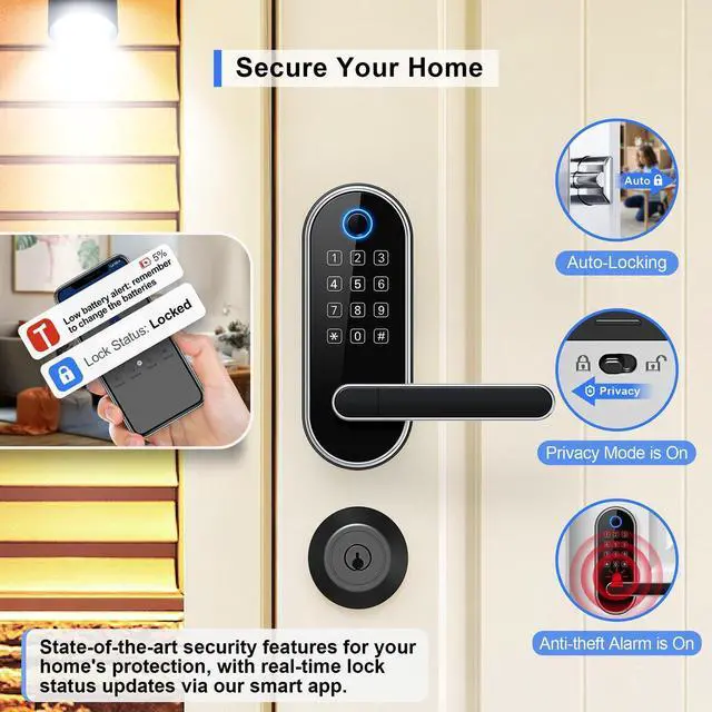 Alt view image 11 of 14 - Bluetooth Fingerprint Smart Lock with Handle & Keypad Fits Most US Doors, DIY Install, Keyless Entry: Code, FOB, Auto-Lock. Ideal for Home, Airbnb, Rental, Kids, Seniors. Alexa & Google Compatible