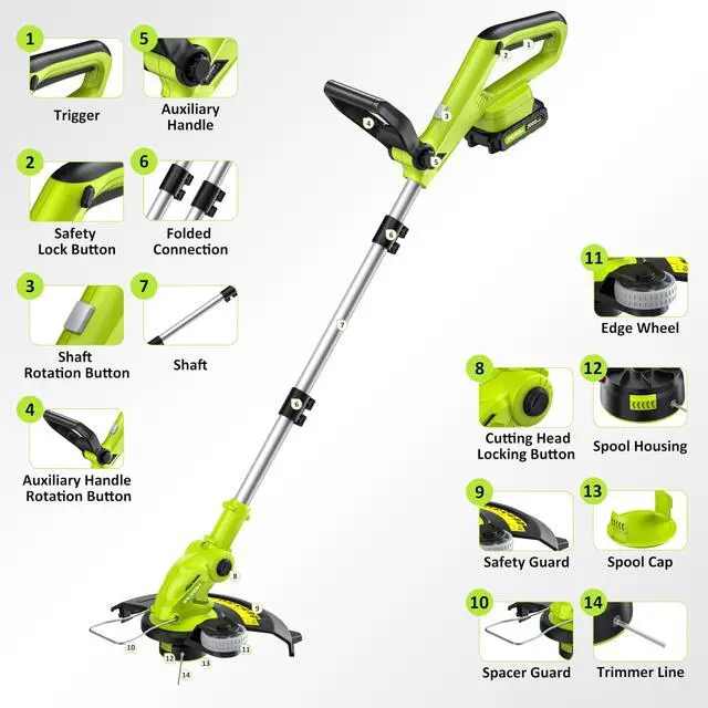 Alt view image 14 of 14 - Electric String Trimmer Cordless with 2x2.0Ah Battery, 20V Battery Powered 12-inch Lawn Mover & Edger Lawn Tool with Charger, Powered Grass Trimmer with 8pcs Spool Line for Yard, Garden, Green