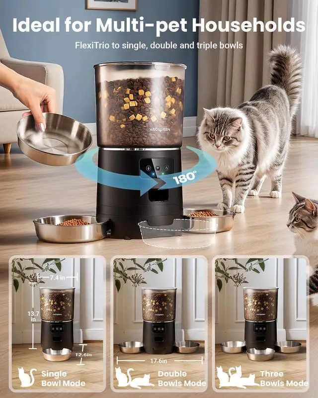 Alt view image 9 of 14 - Automatic Cat Feeder for 3 Cats, 6L/25 Cups Smart WiFi Pet Feeder, Strong Anti-Jam System, Dual-Effect Desiccant Cat Food Dispenser, with 10S Voice Recorder for Cats and Small Dog(Black)