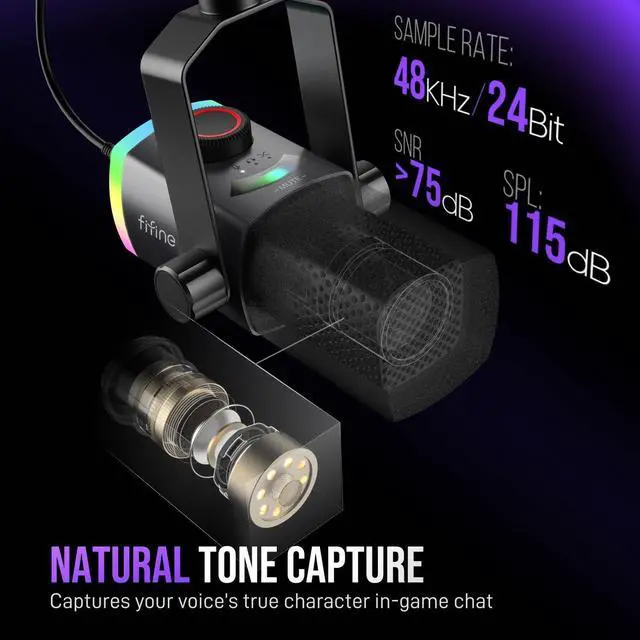 Alt view image 9 of 14 - Gaming Microphone Kit, XLR/USB Dynamic PC Microphone with Boom Arm for Podcast Recording, RGB Streaming Mic Set, Tap-to-Mute, Mix Control, Headphone Jack-AmpliGame AM8PROT