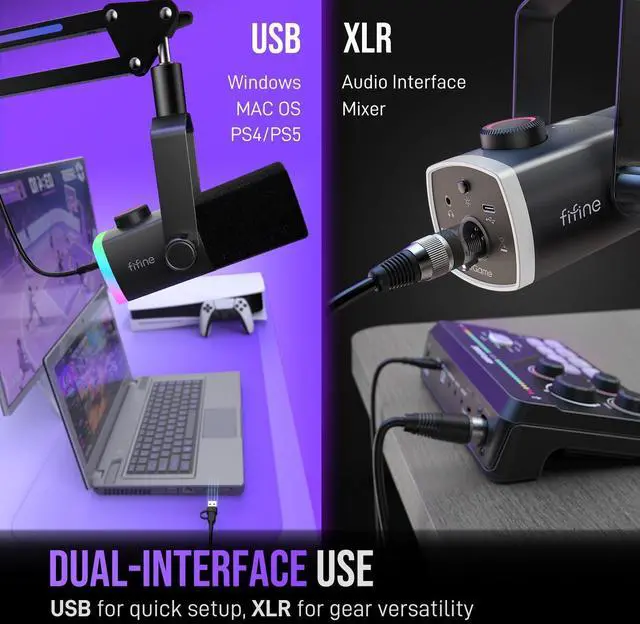 Alt view image 10 of 14 - Gaming Microphone Kit, XLR/USB Dynamic PC Microphone with Boom Arm for Podcast Recording, RGB Streaming Mic Set, Tap-to-Mute, Mix Control, Headphone Jack-AmpliGame AM8PROT