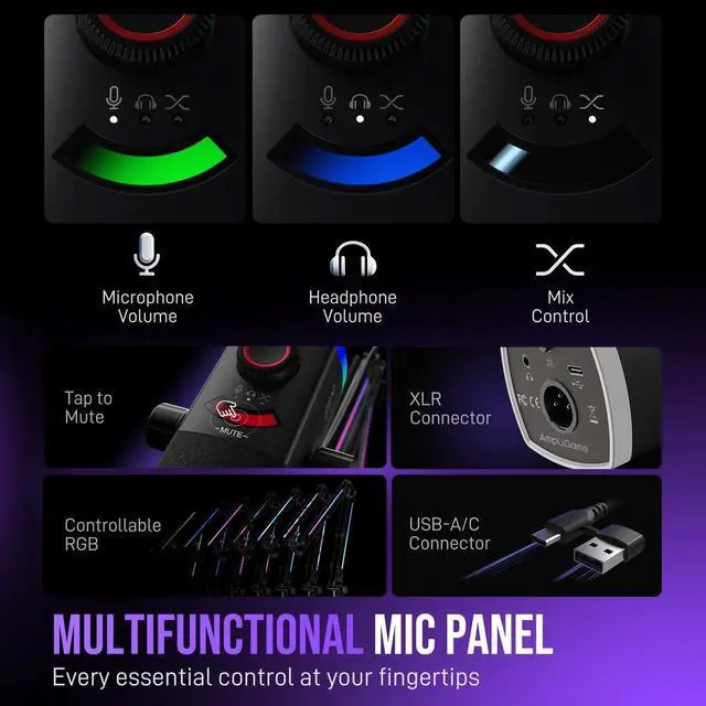 Alt view image 13 of 14 - Gaming Microphone Kit, XLR/USB Dynamic PC Microphone with Boom Arm for Podcast Recording, RGB Streaming Mic Set, Tap-to-Mute, Mix Control, Headphone Jack-AmpliGame AM8PROT