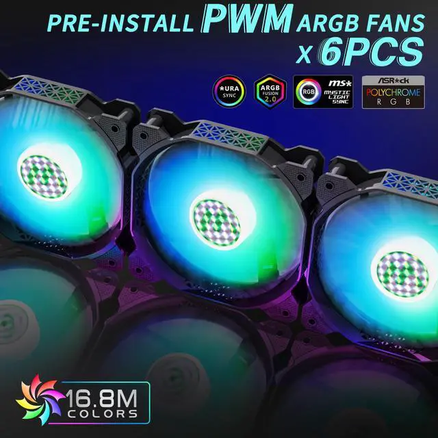 Alt view image 8 of 12 - ATX PC Case Pre-Install 6 PWM ARGB Fans, Polygonal Mesh Computer Gaming Case, Opening Tempered Glass Side Panel Mid-Tower Case, USB 3.0 x 2, Black, NN8