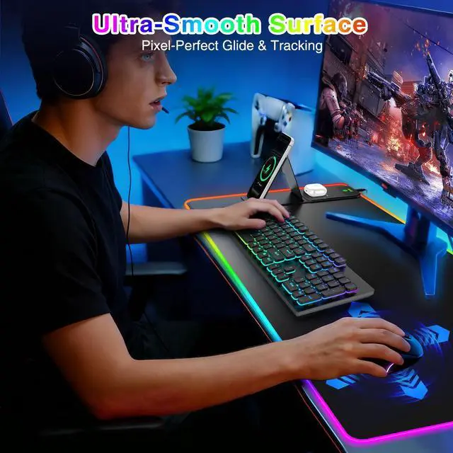 Alt view image 11 of 14 - XXL RGB LED Gaming Mouse Pad with Magnetic Wireless Charger & Foldable Phone Holder, 31.5"x15.8" Extended Ultra-Smooth Desk Mat, 25 Lighting Effects, Non-Slip Base, Includes 20W PD Adapter
