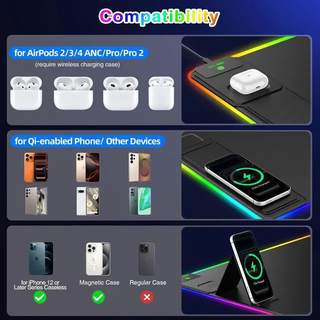 Alt view image 14 of 14 - XXL RGB LED Gaming Mouse Pad with Magnetic Wireless Charger & Foldable Phone Holder, 31.5"x15.8" Extended Ultra-Smooth Desk Mat, 25 Lighting Effects, Non-Slip Base, Includes 20W PD Adapter