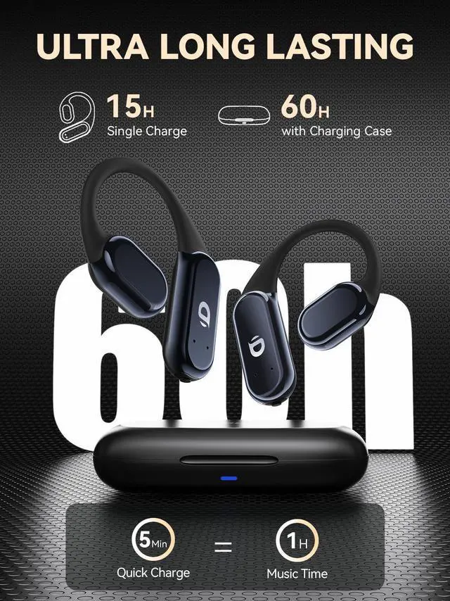 Alt view image 11 of 12 - True Wireless Bone Conduction Earphones, OWS Open Ear Headphones with Earhooks, Bluetooth 5.3, Up to 60H Playtime with Case, IP68, AAC/SBC, for Cycling Yoga Workouts