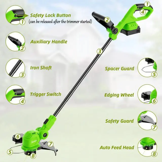 Alt view image 9 of 14 - 12-inch 20V Cordless String Trimmer with Charger, 2 X 2.0Ah Battery Powered Grass Mover with Auto Line Feed, 2 in 1 Lawn Edger with 8 Pcs Grass Cutter Spool Line and 2 Spool Cap, Green