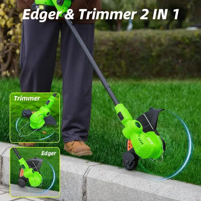 Alt view image 10 of 14 - 12-inch 20V Cordless String Trimmer with Charger, 2 X 2.0Ah Battery Powered Grass Mover with Auto Line Feed, 2 in 1 Lawn Edger with 8 Pcs Grass Cutter Spool Line and 2 Spool Cap, Green