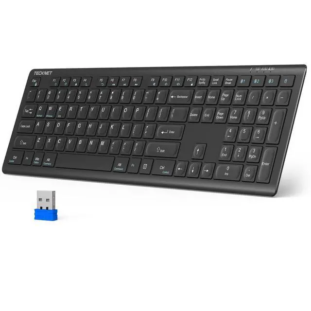 Alt view image 8 of 14 - Bluetooth Keyboard Rechargeable, 4-Device (2.4G+BT) Wireless Keyboard, Full Size Computer Keyboard with Stand, Ultra-Slim Quiet Typing, for PC/Laptop/Smart TV/Phone/Tablet, 12 Hotkeys
