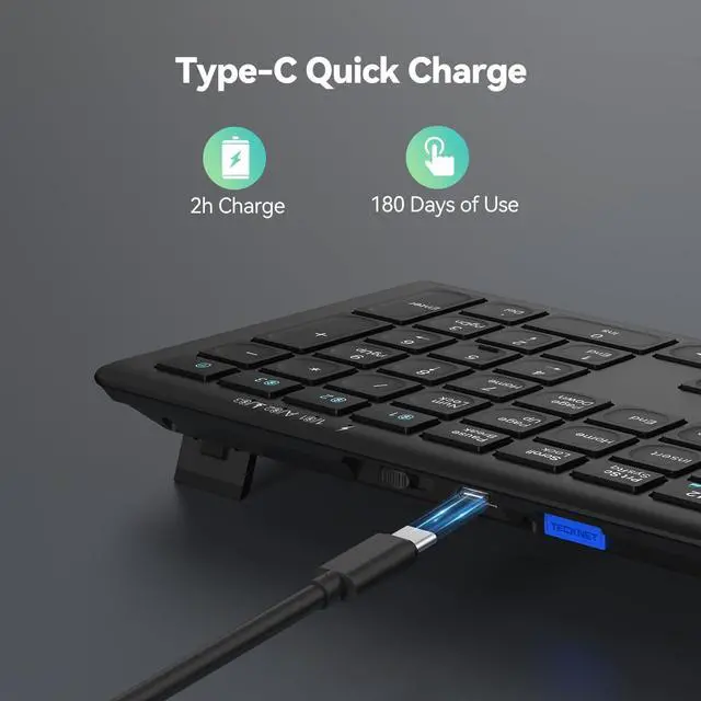 Alt view image 10 of 14 - Bluetooth Keyboard Rechargeable, 4-Device (2.4G+BT) Wireless Keyboard, Full Size Computer Keyboard with Stand, Ultra-Slim Quiet Typing, for PC/Laptop/Smart TV/Phone/Tablet, 12 Hotkeys
