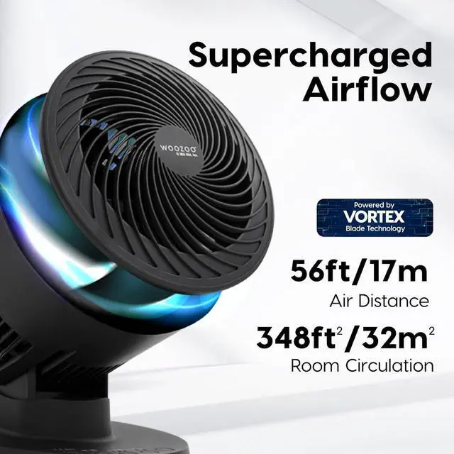 Alt view image 10 of 14 - WOOZOO Air Circulator Fan with Remote, Oscillating, 3 Speeds, 56ft Max Air Distance, Adjustable Tilt, Quiet Motor, Small Fan for Bedroom, Office, Dorm, Black