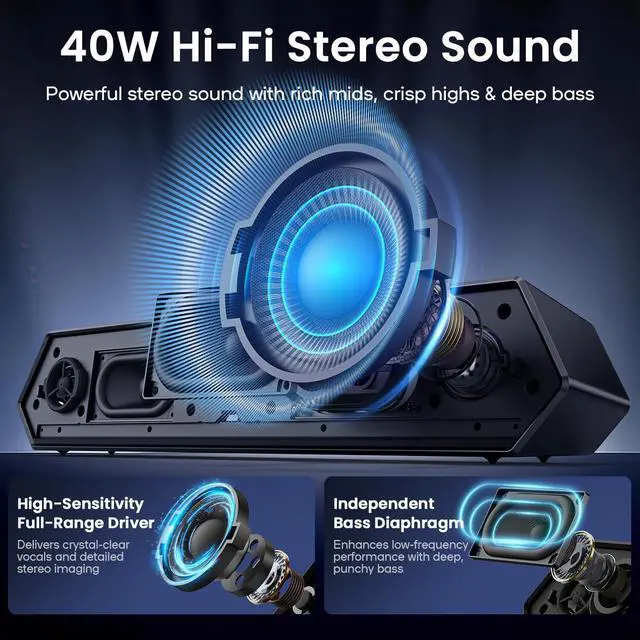 Alt view image 10 of 14 - Computer Speakers, 40W PC Speakers for Desktop Monitor with Bluetooth 5.3 & USB Audio, HiFi Stereo Gaming Soundbar with Custom EQ Software, Dynamic RGB Lighting for Laptop, PS4, PS5, Black.