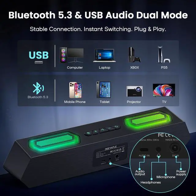 Alt view image 11 of 14 - Computer Speakers, 40W PC Speakers for Desktop Monitor with Bluetooth 5.3 & USB Audio, HiFi Stereo Gaming Soundbar with Custom EQ Software, Dynamic RGB Lighting for Laptop, PS4, PS5, Black.