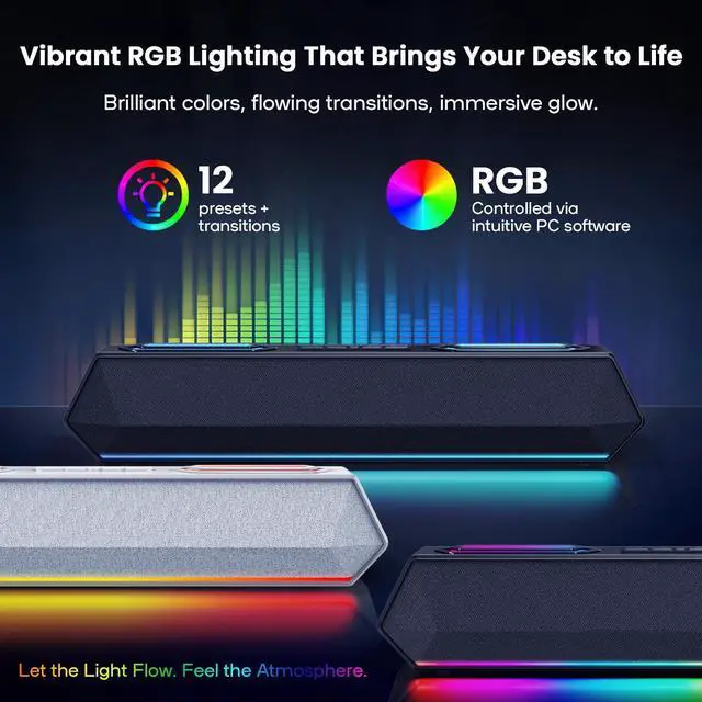 Alt view image 12 of 14 - Computer Speakers, 40W PC Speakers for Desktop Monitor with Bluetooth 5.3 & USB Audio, HiFi Stereo Gaming Soundbar with Custom EQ Software, Dynamic RGB Lighting for Laptop, PS4, PS5, Black.