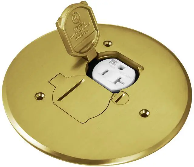 Alt view image 8 of 14 - Dual Flip Lid Floor Box Cover, 5.625" Diameter, 1 Gang, 20A Tamper-Weather Resistant Type A 2-Pin Outlet, Watertight Gaskets, UL Listed, Brass, 975517-C
