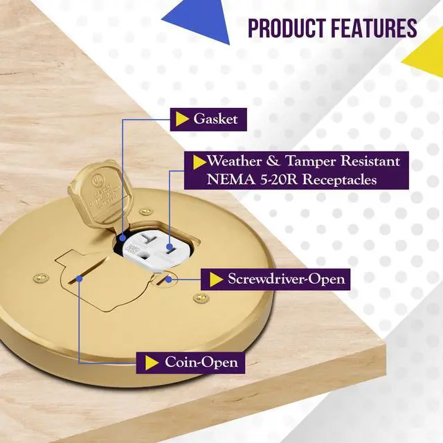 Alt view image 10 of 14 - Dual Flip Lid Floor Box Cover, 5.625" Diameter, 1 Gang, 20A Tamper-Weather Resistant Type A 2-Pin Outlet, Watertight Gaskets, UL Listed, Brass, 975517-C