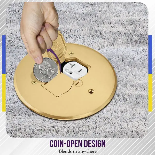 Alt view image 12 of 14 - Dual Flip Lid Floor Box Cover, 5.625" Diameter, 1 Gang, 20A Tamper-Weather Resistant Type A 2-Pin Outlet, Watertight Gaskets, UL Listed, Brass, 975517-C