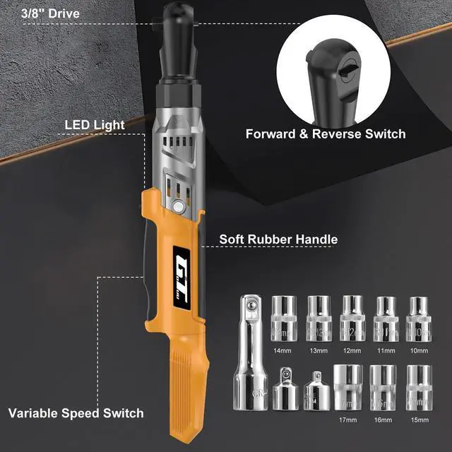 Alt view image 11 of 14 - 3/8" Cordless Ratchet Wrench, Compatible with DEWALT 20V MAX Battery, 74Ft-Lbs Power Electric Ratchet Tool Kit, 1/2" & 1/4" Adapters, 3" Extension Bar (Tool Only)