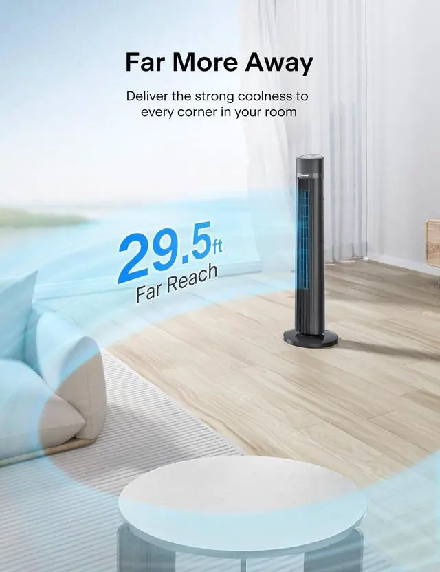 Alt view image 9 of 14 - 40 inch Bladeless Tower Fan for Bedroom, Standing Fan with Remote Control, 26ft/s, 90° Oscillation, 3 Speed Settings, 27 Db, 3 Modes, 15-Hour Timer, LED Display, Fan that Blows Cold Air, Grey