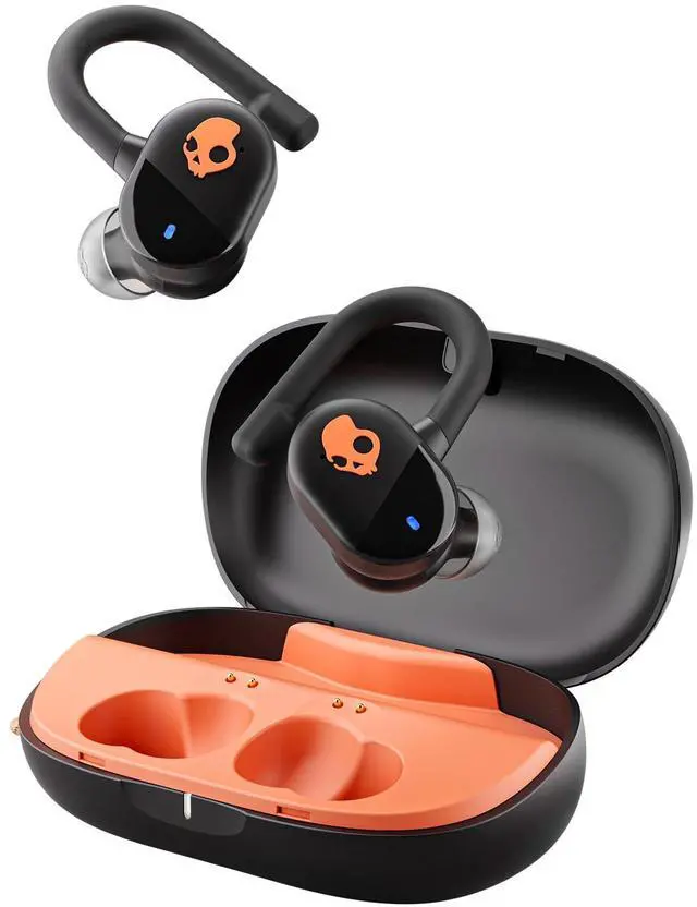 Alt view image 8 of 14 - Push Play Active Wireless Earbuds, Bluetooth Headphones, Noise Isolating Fit, 34 Hrs Battery, Secure-Fit Over-Ear Hanger, Sweat Water Resistant, Microphone for iPhone Android - Black/Orange