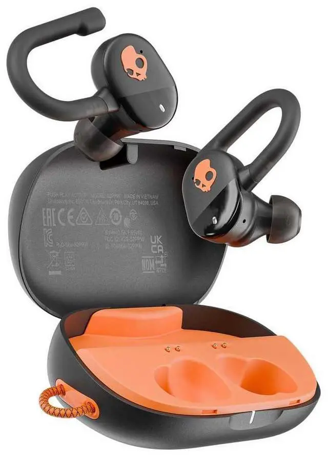 Alt view image 11 of 14 - Push Play Active Wireless Earbuds, Bluetooth Headphones, Noise Isolating Fit, 34 Hrs Battery, Secure-Fit Over-Ear Hanger, Sweat Water Resistant, Microphone for iPhone Android - Black/Orange