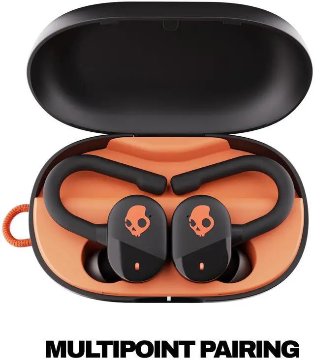 Alt view image 9 of 14 - Push Play Active Wireless Earbuds, Bluetooth Headphones, Noise Isolating Fit, 34 Hrs Battery, Secure-Fit Over-Ear Hanger, Sweat Water Resistant, Microphone for iPhone Android - Black/Orange