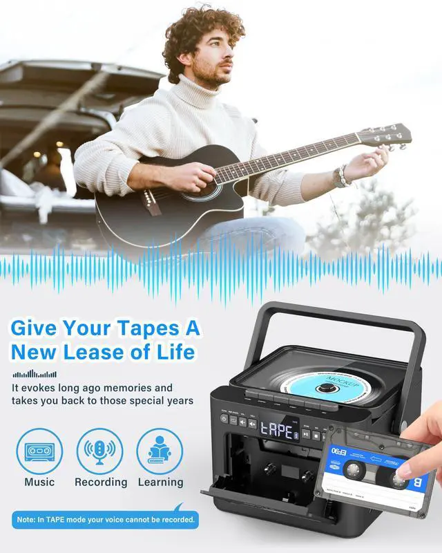 Alt view image 9 of 14 - Boombox CD and Cassette Player Combo, 5000mAh Rechargable CD Player Boombox with Bluetooth Receive/Transmit/FM Radio/USB/TF/AUX/Remote Control, Boom Box Cassette Player for Home Outdoor