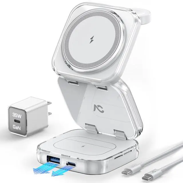 Alt view image 8 of 14 - 5-in-1 Wireless Charger for MagSafe, AC ISLAND Portable Travel Charging Station, 35W Max Fast Foldable Magnetic Stand, Evolved for iPhone 17-12 & Air Series, Apple Watch, AirPods (with 35W Adapter)