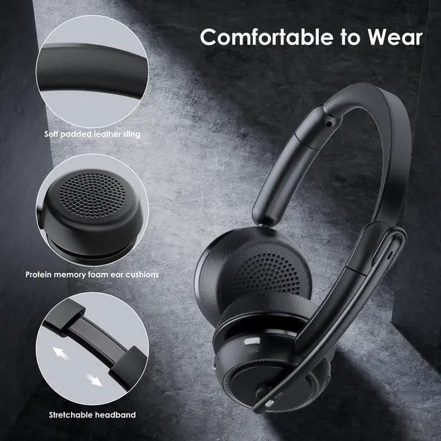 Alt view image 14 of 14 - Upgrade ANC & ENC Headset with Microphone for PC, Wireless Headset with Mic for Work(Flip-to-Mute & USB Dongle), Bluetooth 5.4 Noise Cancelling Headphones with Mic for Call Center/Home/Computer/Phones