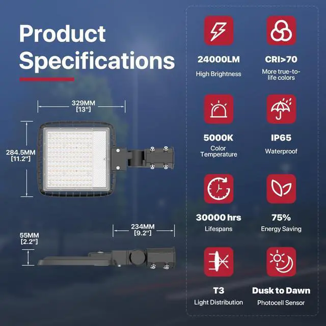 Alt view image 14 of 14 - 200W LED Parking Lot Lights Outdoor, 120V Parking Lot Lights Dusk to Dawn Pole with Slip Fitter UL Listed 5000K IP65 Waterproof Outdoor Commercial Area Lighting, LED Shoebox Light for Roadways Yard