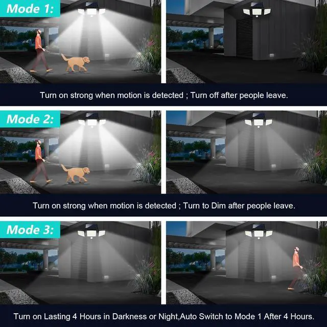 Alt view image 12 of 14 - Solar Outdoor Lights 2500LM 210 LED Security Lights with Remote Control,3 Heads Motion Sensor Lights, IP65 Waterproof,270° Wide Angle Flood Wall Lights with 3 Modes(2 Packs)