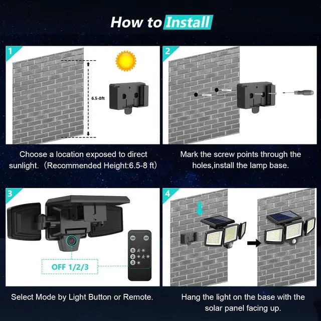 Alt view image 13 of 14 - Solar Outdoor Lights 2500LM 210 LED Security Lights with Remote Control,3 Heads Motion Sensor Lights, IP65 Waterproof,270° Wide Angle Flood Wall Lights with 3 Modes(2 Packs)