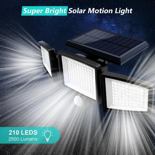 Alt view image 14 of 14 - Solar Outdoor Lights 2500LM 210 LED Security Lights with Remote Control,3 Heads Motion Sensor Lights, IP65 Waterproof,270° Wide Angle Flood Wall Lights with 3 Modes(2 Packs)