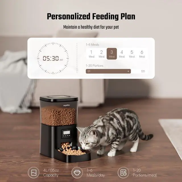 Alt view image 8 of 12 - Automatic Cat Feeder- 4L Timed Cat Food Dispenser 1-6 Meals Control for Cat and Small Dog- Auto Pet Feeder with Desiccant Bag Keep Fresh for Reliable Easy Set Up and Clean- Voice Recorder