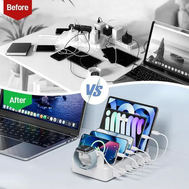 Alt view image 12 of 14 - Charging Station for Multiple Devices, 50W 6 Ports Charging Dock with 6 Cables Compatible with Cellphone,Tablet, Kindle, Apple Watch and Other Electronic