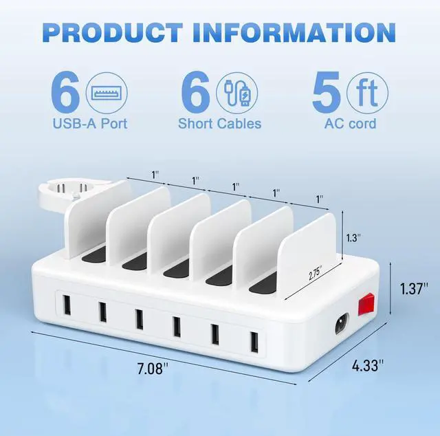 Alt view image 13 of 14 - Charging Station for Multiple Devices, 50W 6 Ports Charging Dock with 6 Cables Compatible with Cellphone,Tablet, Kindle, Apple Watch and Other Electronic