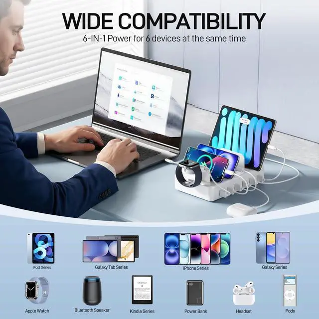 Alt view image 11 of 14 - Charging Station for Multiple Devices, 50W 6 Ports Charging Dock with 6 Cables Compatible with Cellphone,Tablet, Kindle, Apple Watch and Other Electronic
