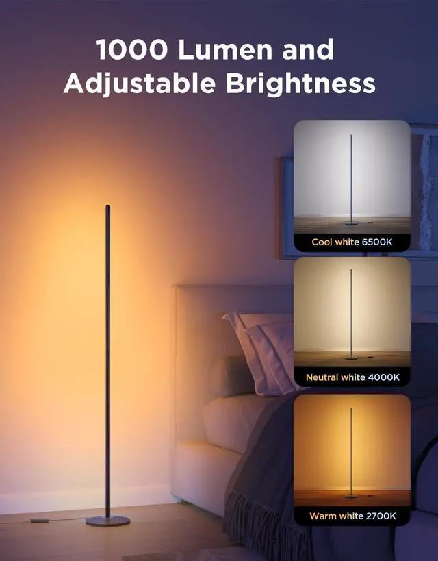 Alt view image 11 of 14 - RGBIC Floor Lamp Basic, 1000lm LED Corner Lamp Compatible with SmartThings, Alexa, and Matter, Modern Floor Lamp with Music Sync and 16 Million DIY Colors, Standing Lamp for Bedroom Living Room