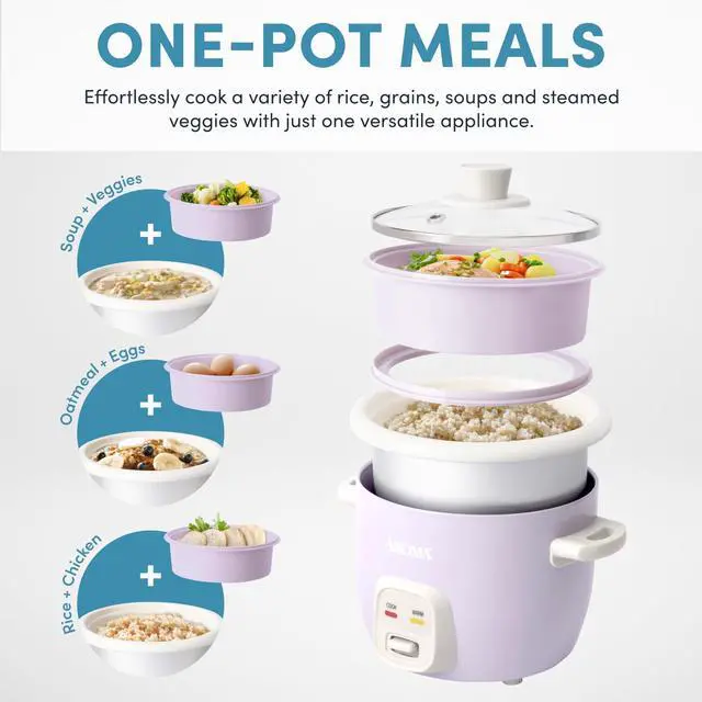 Alt view image 9 of 14 - CoreCoat Rice Cooker with Pop-Up Food Steaming Basket (4 Cups Cooked, 2 Cups Uncooked, 1 Qt)