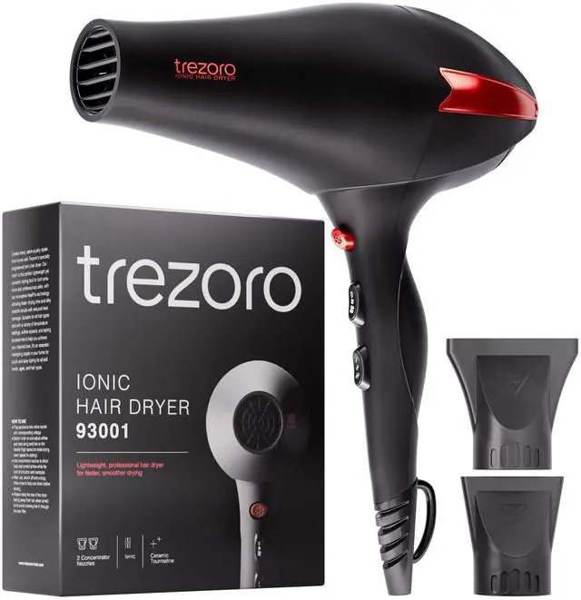Alt view image 8 of 14 - Professional Hair Dryer, Ionic Ceramic Tourmaline Technology, 2000W Fast Quiet Drying, with Narrow & Wide Concentrator Nozzles, 3 Heat & 2 Speed Settings, Cool Shot Button, Black