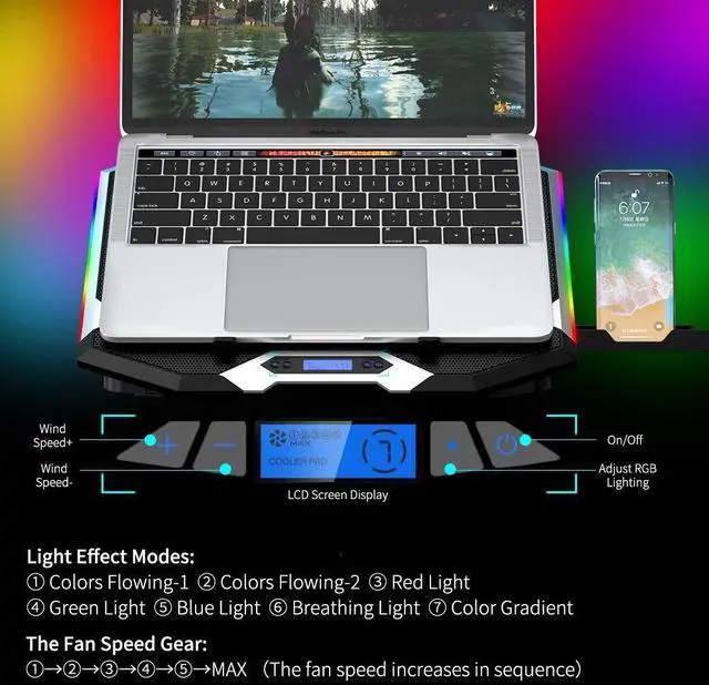 Alt view image 13 of 14 - Gaming Laptop Cooling Pad 15-17.3 Inch, Laptop Fan with 6 RGB Cooling Fans, Laptop Cooling Stand with 6 Height Adjustable, Laptop Cooler with LCD Screen, 2 USB Ports, Phone Stand