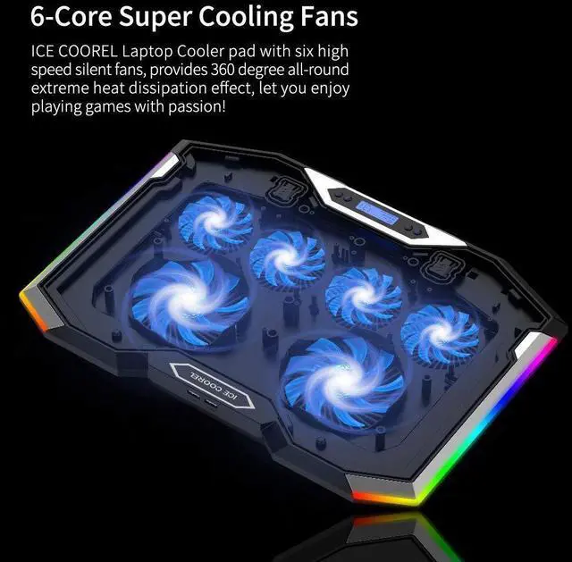 Alt view image 9 of 14 - Gaming Laptop Cooling Pad 15-17.3 Inch, Laptop Fan with 6 RGB Cooling Fans, Laptop Cooling Stand with 6 Height Adjustable, Laptop Cooler with LCD Screen, 2 USB Ports, Phone Stand