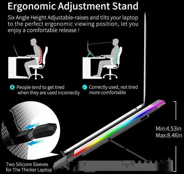 Alt view image 11 of 14 - Gaming Laptop Cooling Pad 15-17.3 Inch, Laptop Fan with 6 RGB Cooling Fans, Laptop Cooling Stand with 6 Height Adjustable, Laptop Cooler with LCD Screen, 2 USB Ports, Phone Stand